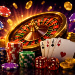 A colorful arrangement of casino chips, playing cards, and a roulette wheel on a dark background with sparkles.