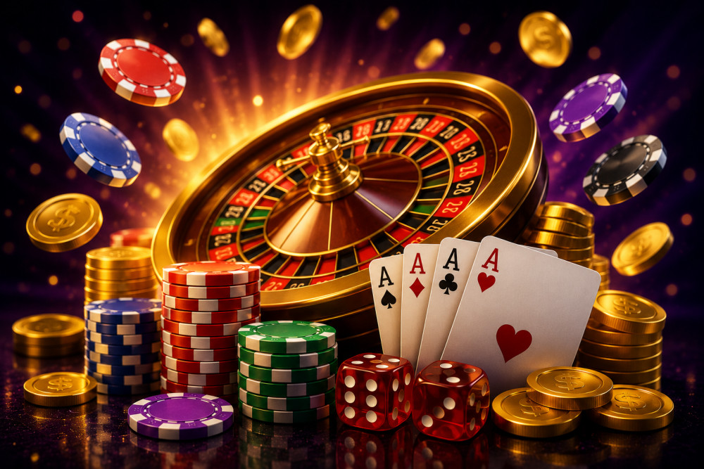 A colorful arrangement of casino chips, playing cards, and a roulette wheel on a dark background with sparkles.