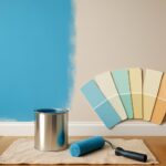 A paint can, roller, and color swatches next to a partially painted wall in a home.