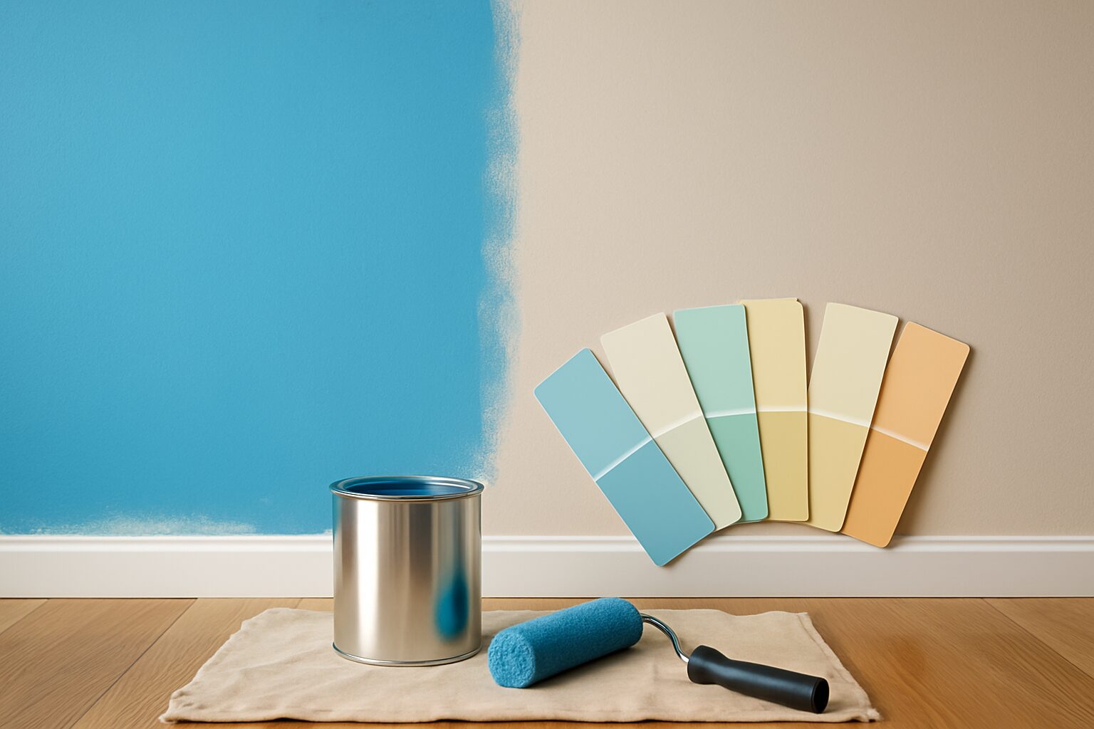 A paint can, roller, and color swatches next to a partially painted wall in a home.